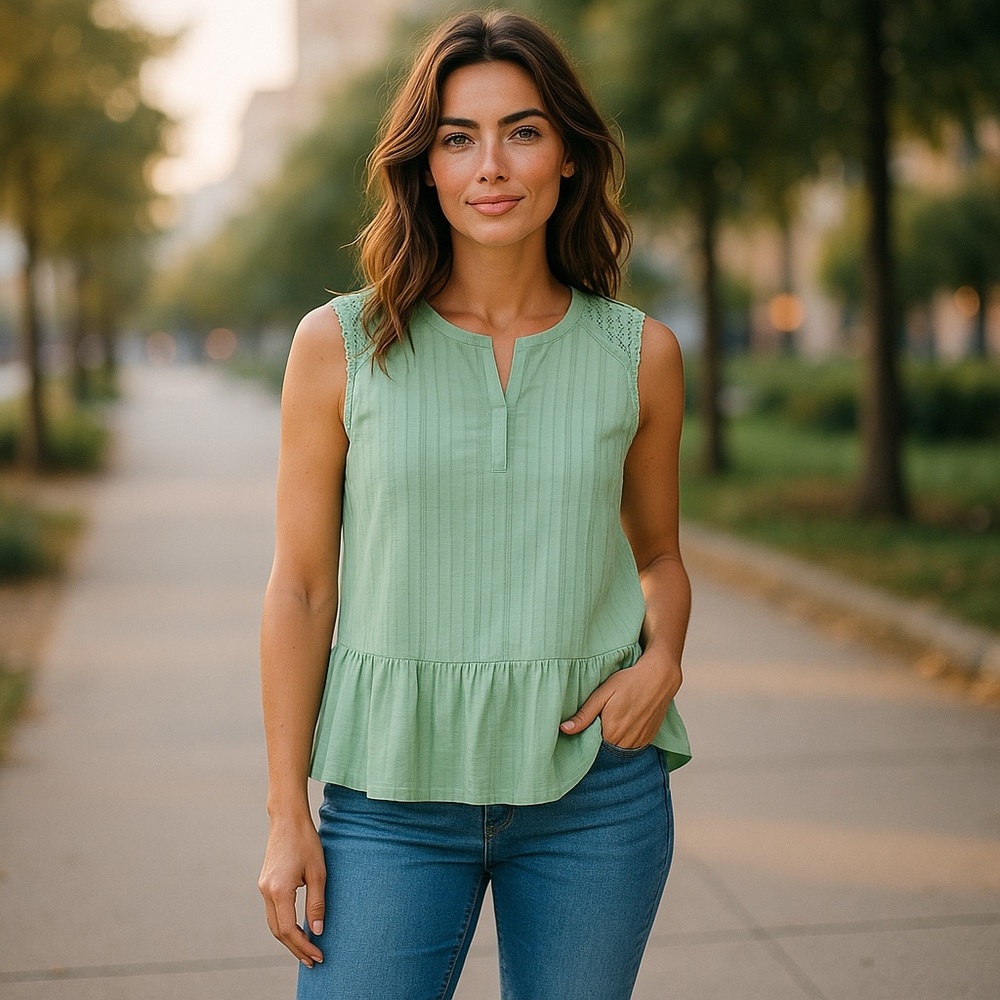 LARA Sage Green Ruffled Peplum Blouse